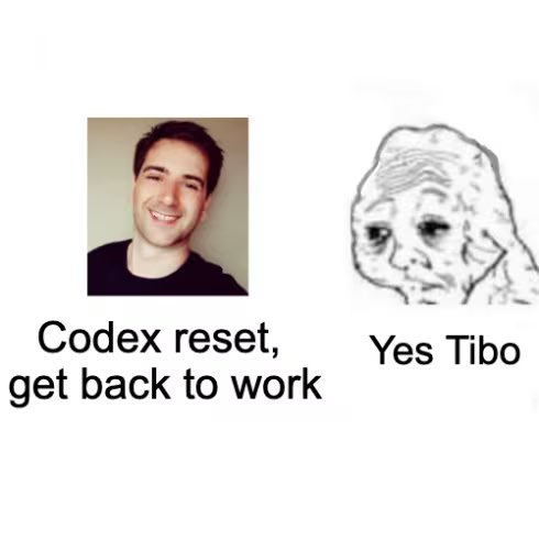 網友的 Reset 梗圖：Tibo 說「Codex reset, get back to work」，疲憊的人回「Yes Tibo」。